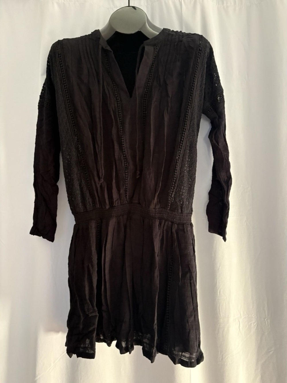 FREE PEOPLE Size S Black Summer Dress V Neck Long Sleeve Boho Lace Rayon